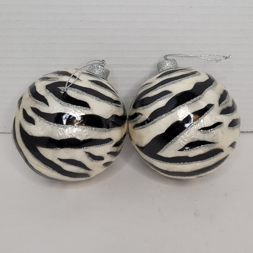 Cloisonne Style Zebra Pattern Christmas Ornaments 4" Ball Pearl & Silver Accents - Picture 2 of 9